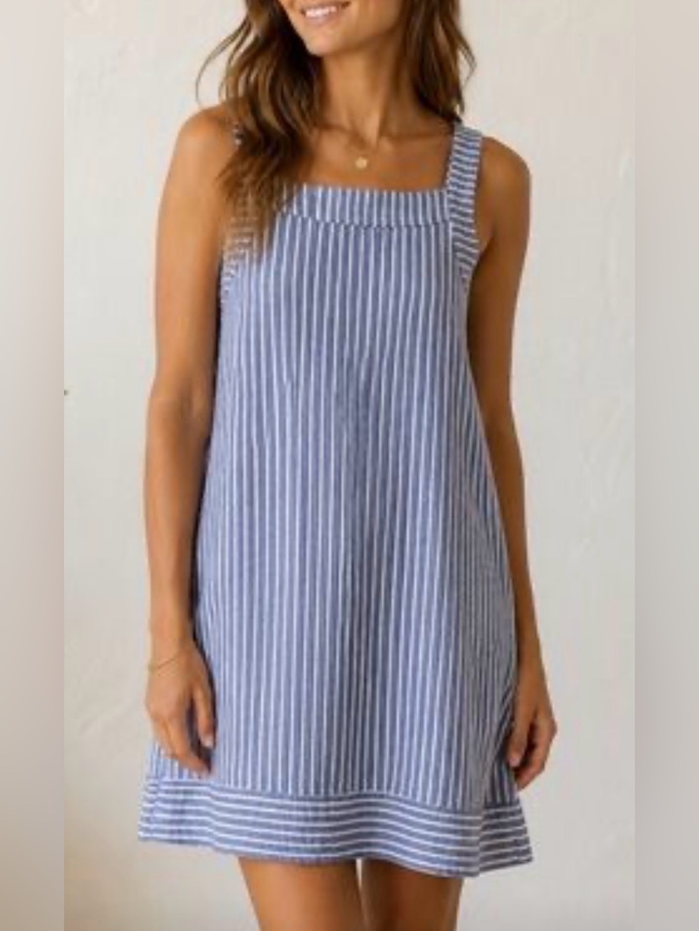 For Cynthia Blue White Striped Linen Blend Sleeveless Shift Dress Pockets Beach